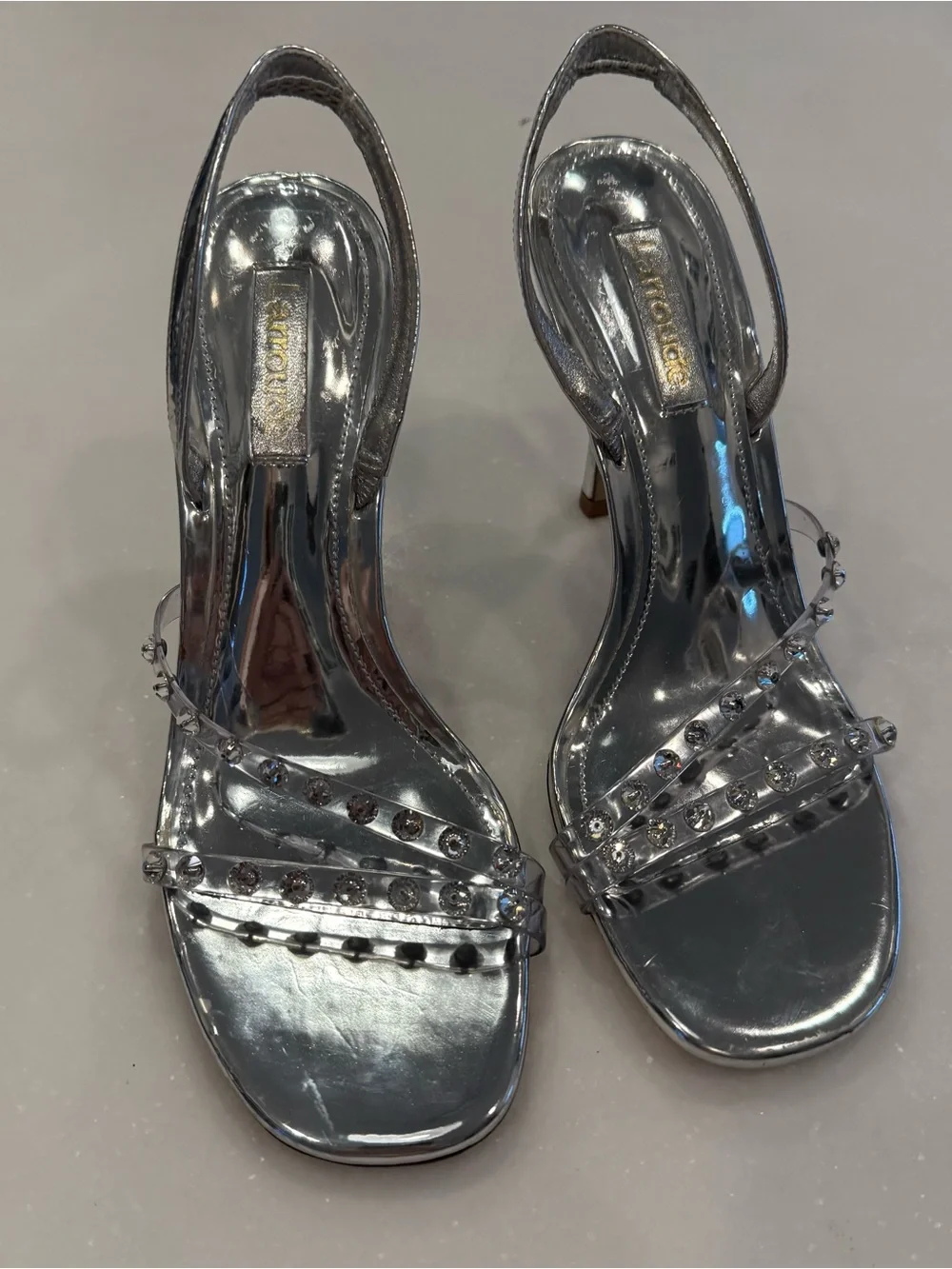 LARROUDE Annie Sandals Silver Swarovski Crystals Slingback Heels Sz 6.5 NEW